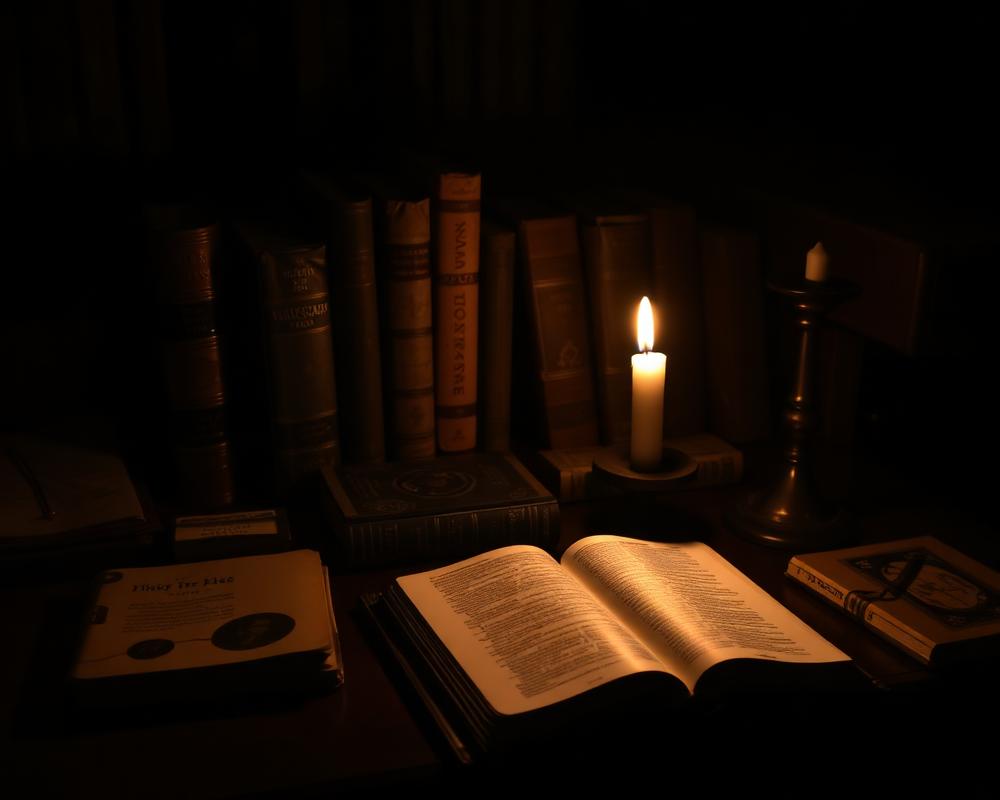 A humble desk with books, an open Bible, and a single lit candle