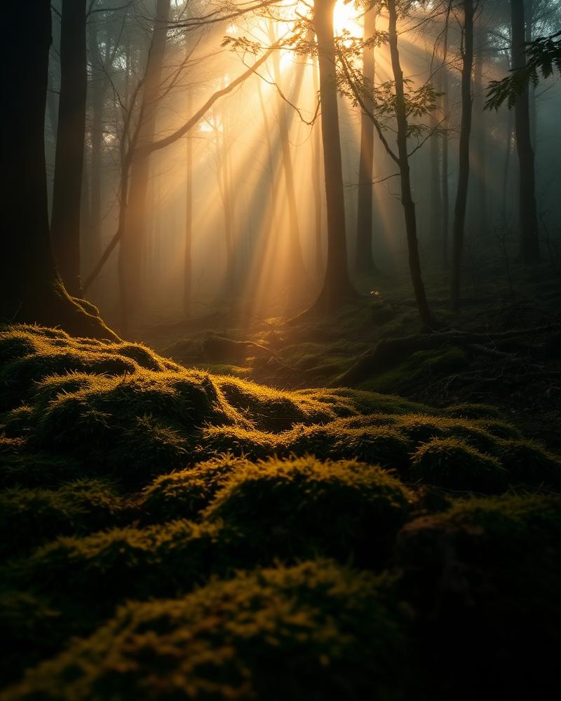 Misty morning forest floor with soft golden light